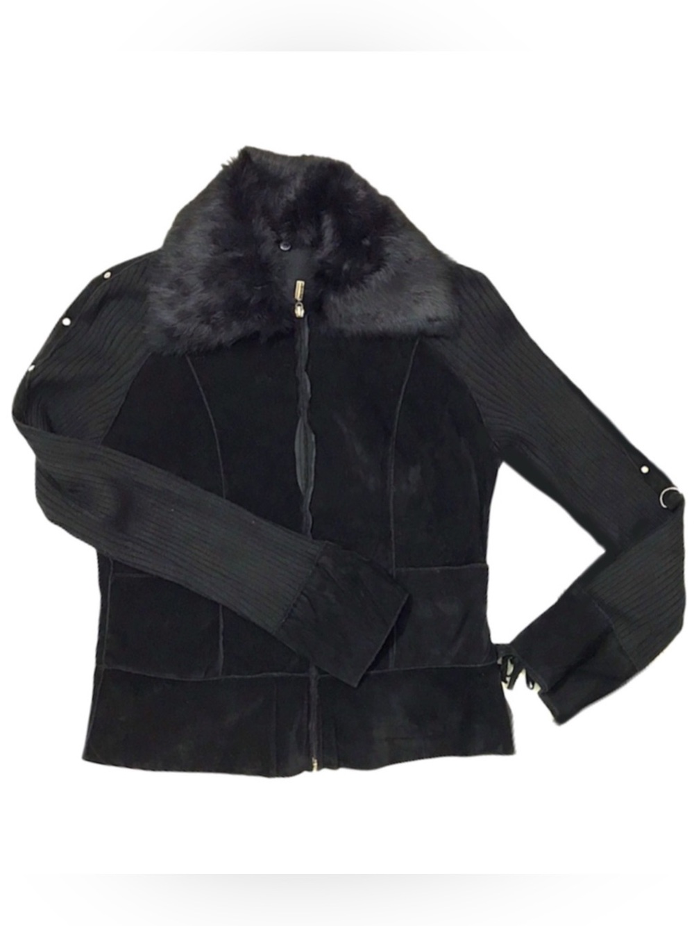 Suede & Wool Black Jacket with Fur Collar Zip Up